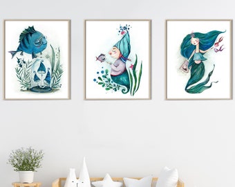 Mermaid Prints, Mermaid Nursery Wall Art, Set of mermaid prints, Nursery Prints, Bathroom Decor, Set of 3 Prints, Ocean Bedroom Prints