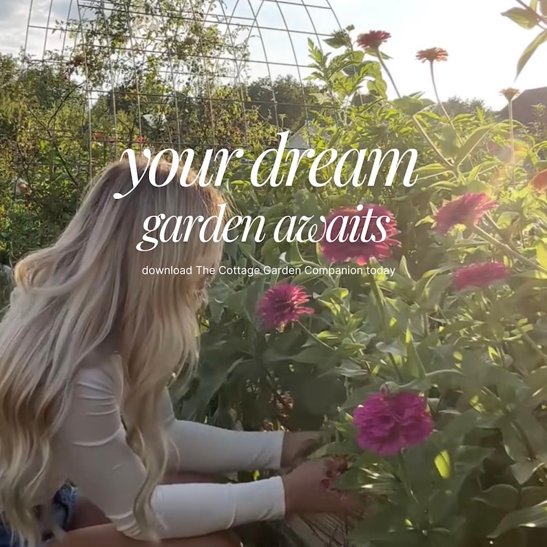 May include: A garden scene with vibrant pink flowers and lush greenery. The text "your dream garden awaits" is overlaid on the image. The phrase "download The Cottage Garden Companion today" is also visible.
