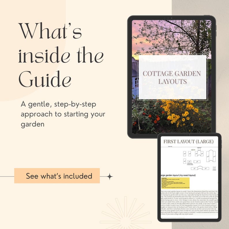 May include: Digital guide on a tablet, showcasing cottage garden layouts. The screen displays a garden scene with yellow flowers and a layout diagram. Text includes "What's inside the Guide" and "See what's included."