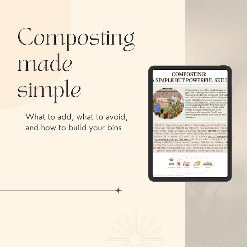 May include: An image with the text "Composting made simple" and "What to add, what to avoid, and how to build your bins." A tablet displays information about composting, including a photo of a compost bin and text about the process.