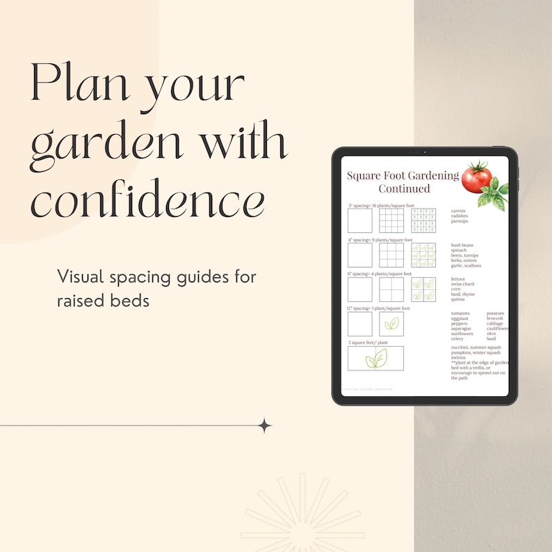 May include: A digital tablet displays a gardening guide with the text "Plan your garden with confidence." The screen shows a square foot gardening chart with plant spacing diagrams and a list of vegetables. A tomato illustration is in the upper right corner.