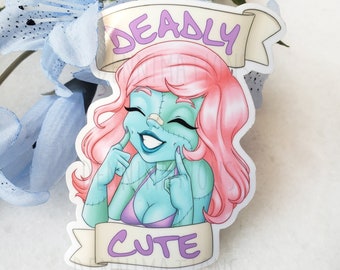 Deadly Cute Pastel Zombie Pinup Girl with Stitches | Spooky Cute Pinup | Creepy Kawaii | Pastel Goth | Halloween Vinyl Single Sticker