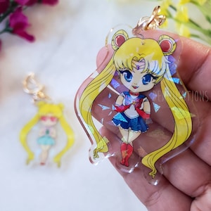 Magical Girl Transformation Holographic Acrylic Charm w/ Alternate Side | Transformation & Everyday Illustration keychain with moon clasp