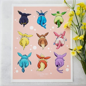Evolution Butts 8,5 x 11 Kunstdruck | Lebendige farbige Anime Pocket Pets in Kawaii Digitale Illustration