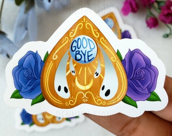 Goodbye Ouija Planchette Single Sticker with Flowers Deco, Floral Spirit Board Wooden Piece