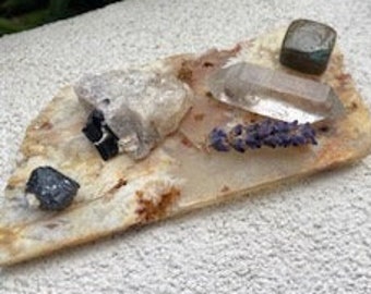 Flower Agate Alter with Tourmaline, Labradorite and Double Terminated Quartz