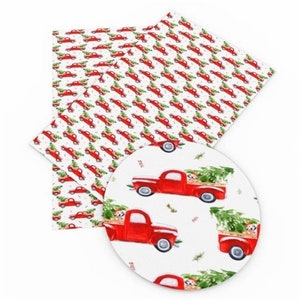 May include: Red pickup trucks with Christmas trees in the back, repeated on a white background. The trucks are red with white trim and black wheels. The trees are green with white snow on the branches. The background is white with red and green confetti.
