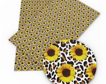 Sunflowers on Cheetah Print Faux Leather Sheets, Animal Print Vinyl Fabric Sheet (T1-112)