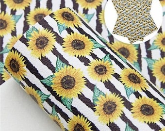 Bright Striped Sunflowers Faux Leather Sheets, Vinyl Fabric Sheet (S3-107)