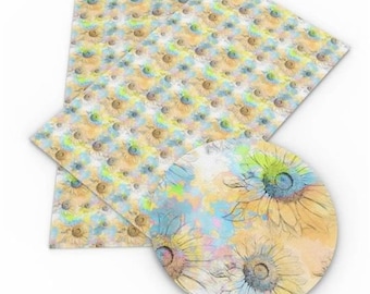 Watercolor Sunflowers Faux Leather Sheets, Vinyl Fabric Sheet (D2-110)