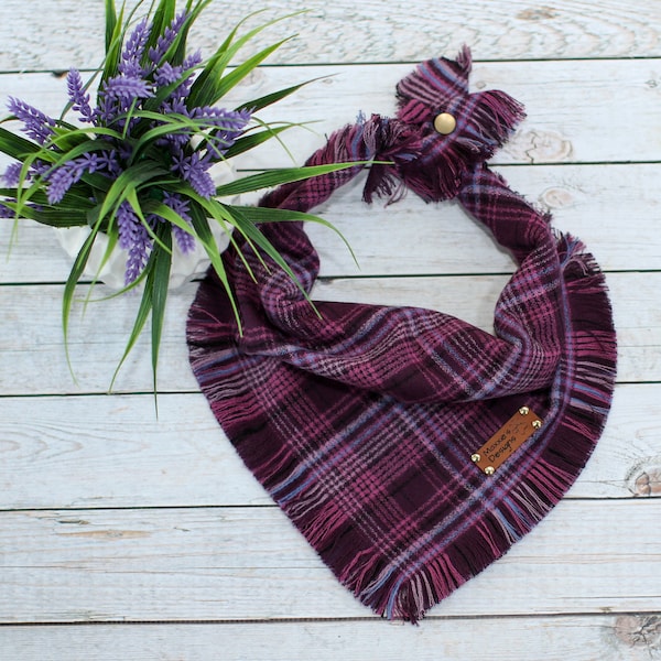 Plum - Dog Bandana, Frayed Edge, Tie and Snap