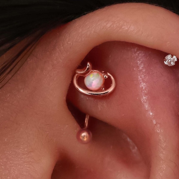 Rook Piercing Jewelry, Opal Rook Earrings, Rose Gold Rook Jewelry, Daith Jewellery, Eyebrow Ring, Rook Bar, Moon Curved Barbell 16G