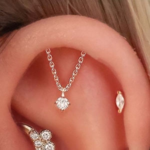 Hidden Helix Piercing, Cartilage Chain Drop Earring, Top Dangle Charm Stud, Helix Jewelry, Cartilage Jewellery 16G Silver Gold