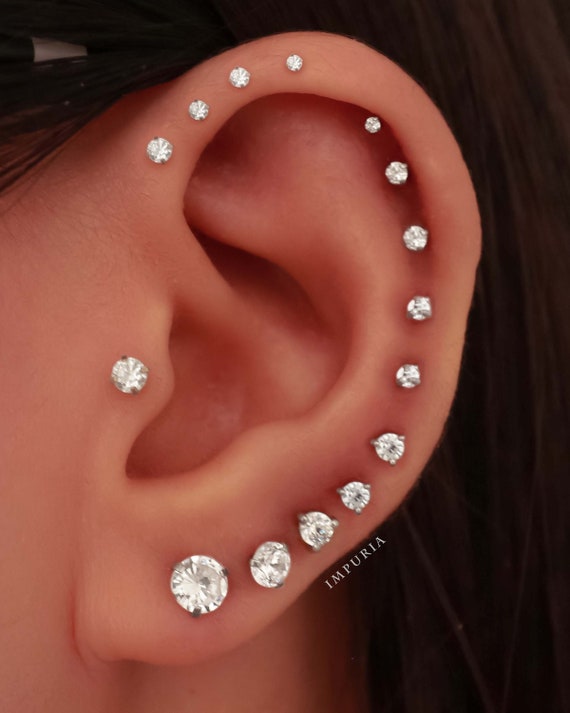 Cartilage Earring Helix Stud Tragus Piercing Conch Jewelry Labret Stud Threaded Flat Back Earrings Surgical Stainless Steel 16G