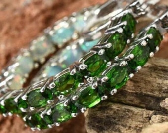 Russian Chrome Diopside & Ethiopian Opal Silver Earrings, TGW 6.85 CTS, Gemstone Opal Jewelry Gift For Her