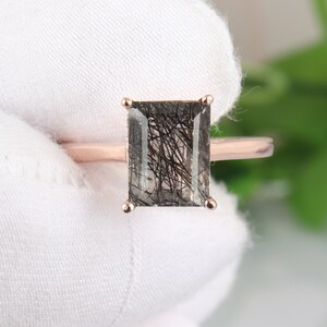 Black Rutile Quartz Solitaire Ring-Emerald Cut Black Rutilated Quartz Ring-Black Rutile Vintage Ring For Her-925 Solid Sterling Silve