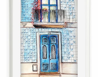 Lisbon Azulejos Art Print – Portuguese tiles, Facade, Watercolor & Colored Pencil, A4