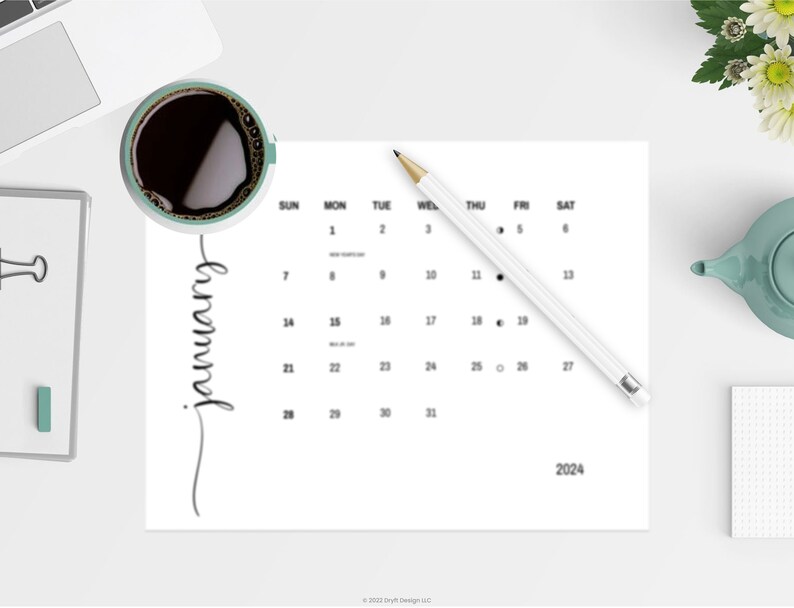 Elegant January 2024 Wall Calendar With Holidays Sunday Start, Ready to