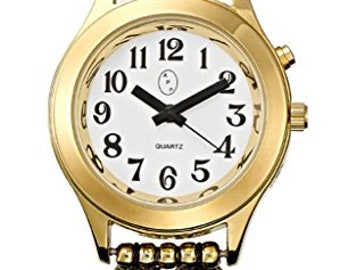 Elegance Collection-Ladies Talking Wrist Watch Gold Tone with Deluxe Pearl Beaded Band for Low Vision or Blind