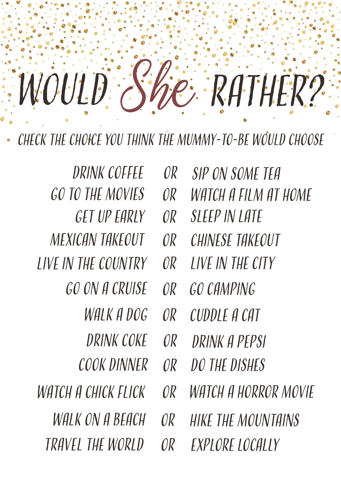 Baby Shower Would She Rather Question Game Printable Etsy
