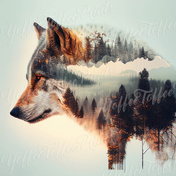 Wild Fusion: Double Exposure Wolf Portrait Print