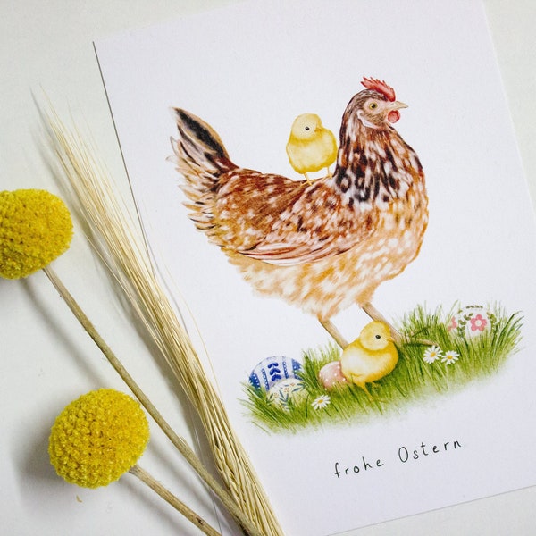 Osterkarte Aquarell Huhn "Frohe Ostern" | Postkarte schwedisches Blumenhuhn | umweltfreundlich