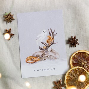Weihnachtskarte Rentier Merry Christmas | Postkarte mit Rentier, Fuchs, Eichhörnchen, Schneeeule und Maus | Aquarell