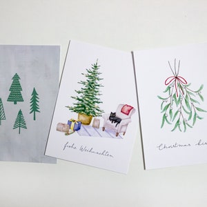 Weihnachtskarten Set mit Aquarell Motiven | 3er Set Postkarten | Tannenbaum, Katze, Mistelzweig | umweltfreundlich