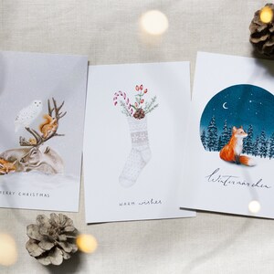 3er Set Weihnachtskarten skandinavisch | Postkarten mit Rentier, Socke und Fuchs | Aquarell