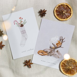 2er Set Weihnachtskarten skandinavisch | Postkarten mit Rentier und Socke | Aquarell