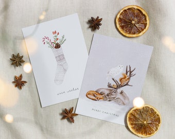Set of 2 Scandinavian Christmas cards | Postcards with reindeer and sock | watercolor