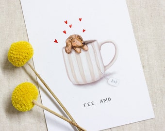 Postkarte Dackel "Tee Amo" | Aquarell Motiv Hund in einer Tasse | umweltfreundlich