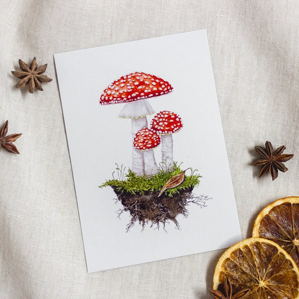 Postkarte mit Fliegenpilzen | botanische Illustration Aquarell