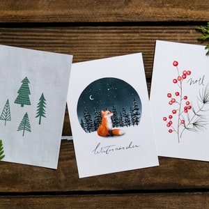 3er Set Weihnachtskarten | Postkarten Weihnachten | Tannenbäume, Fuchs, Zweige | Aquarell | umweltfreundlich