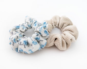 Scrunchie Set of 2 made of corduroy and muslin | Hair tie with flowers & corduroy light beige/ cream | Organic