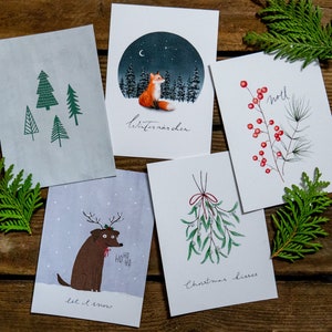 5er Set Weihnachtskarten | Postkarten Set | umweltfreundliche Grußkarten Aquarell | Fuchs | Tannenbäume | Hund