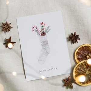 Weihnachtskarte Socke Warm Wishes | skandinavische Postkarte Aquarell