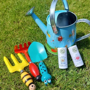 May include: A blue watering can with bug illustrations, a yellow, red, and blue children's gardening tool set, and two seed tubes labeled "Seed Tube" with the text "Sunflower Giant Single Yellow" and "Fast Berry" on the tubes.