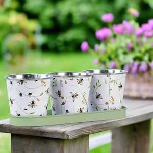 May include: Three white metal flower pots with a bee and floral pattern, sitting on a green tray. The pots are on a wooden surface.