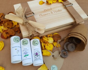 Flower Press Wooden (with straps) Gift Set with 3  Seedlings Tubes