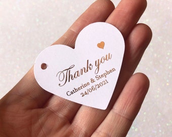 Personalised Foiled Heart Shape Thank you Tags for Wedding Favours & Gifts/Italic Font/Gold, Rose Gold / Silver Foil