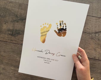 Personalised Baby Hand & Foot Foiled Print, Baby Keepsake Gift, Birth Announcement Print, Nursery Wall Art, Gold, Silver or Rose Gold