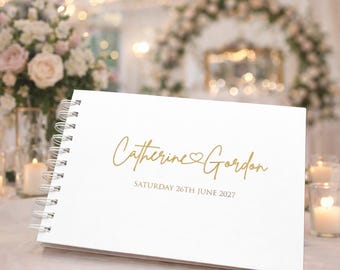Personalised Wedding Guest Book, Couples Names and Date with heart detail on front, Gold, Silver, or Rose Gold Foil Wording / Style Eva