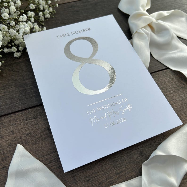 Table Numbers Sign for Wedding / Foiled in Gold, Silver or Rose Gold / Personalised Table Numbers / A5 Sign / Seating Plan / Eva image 4