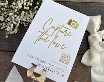 Capture the Love Sign for Wedding, Personalised QR code, Foiled in Gold, Silver or Rose Gold, Social Media Sign, A4 or A5 size, Style Eva