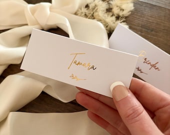 Foiled Wedding Folded Place Cards: Elegant Foliage Design, Gold/Silver/Rose Gold
