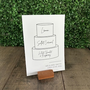 EVA - Letrero personalizado para tarta de bodas con impresión en negro y sabores de tarta, tamaño A5 o A4, letrero para mesa de tarta de bodas, decoración del lugar