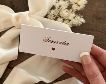Folded Wedding Place Cards / Personalised With Your Guests Names / Italic Font and Heart / Gold, silver or Rose Gold Foiling / Name Cards