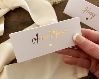 Personalised Foiled Wedding Place Cards, Folded Name Cards, Heart Detail, Foiled in choice of Gold, Silver or Rose Gold