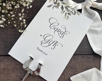 Cards and Gifts Wedding Sign / Botanical Greenery Table Sign/ Black Print / Elegant Wedding Sign / Style Fiona